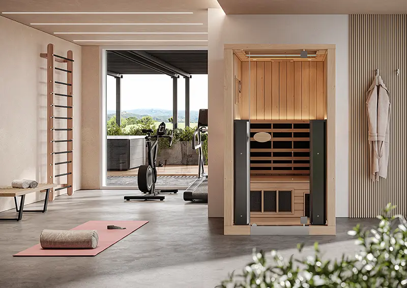 Jacuzzi JS-1i Infrared Sauna in a home gym