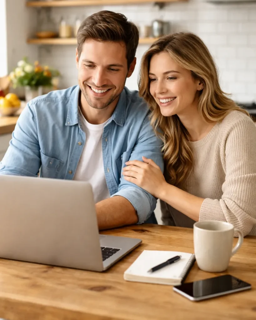 Couple looking over laptop screen